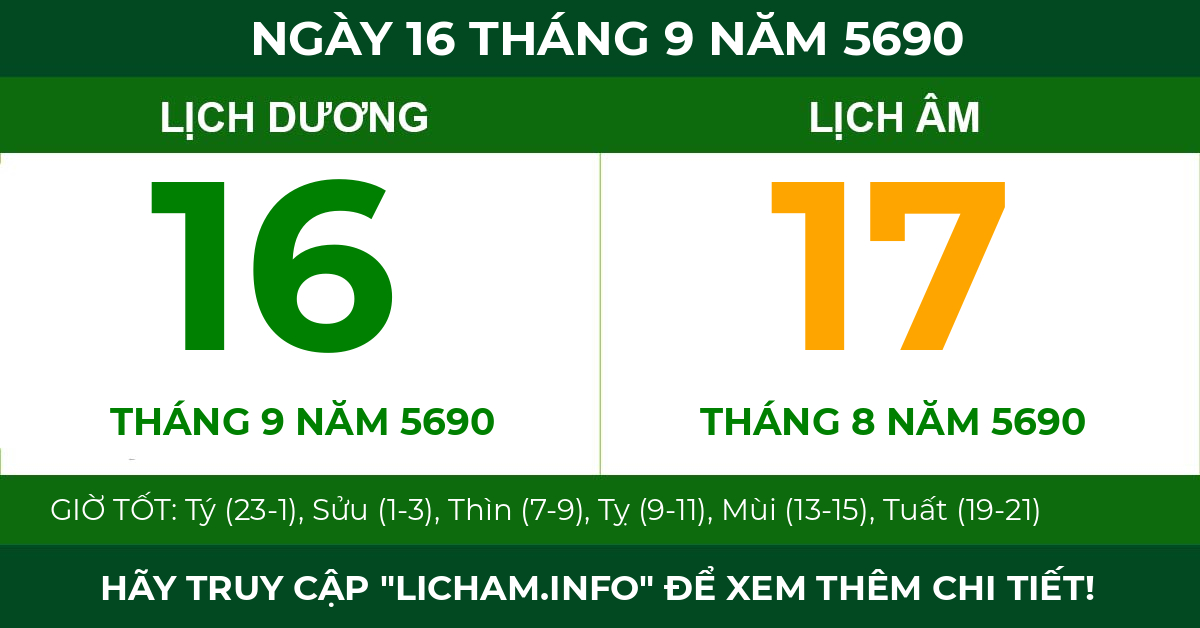 lịch âm ngày 16 tháng 9 năm 5690