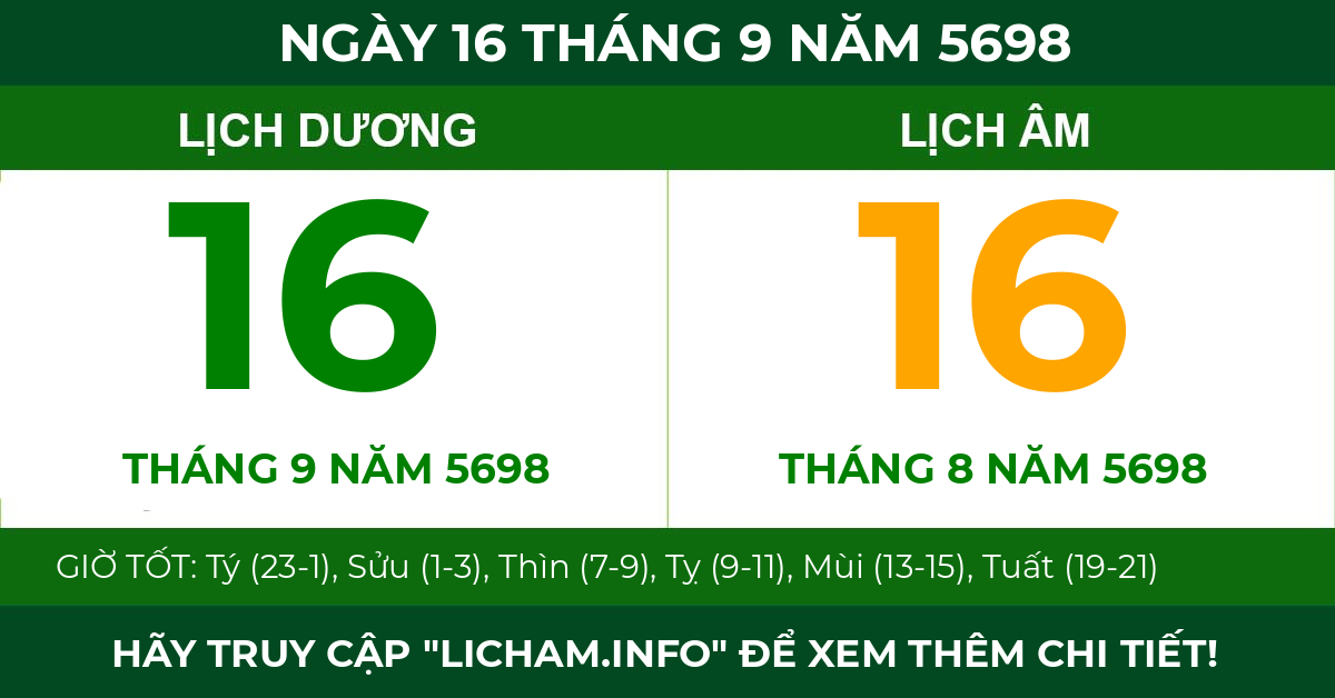 lịch âm ngày 16 tháng 9 năm 5698