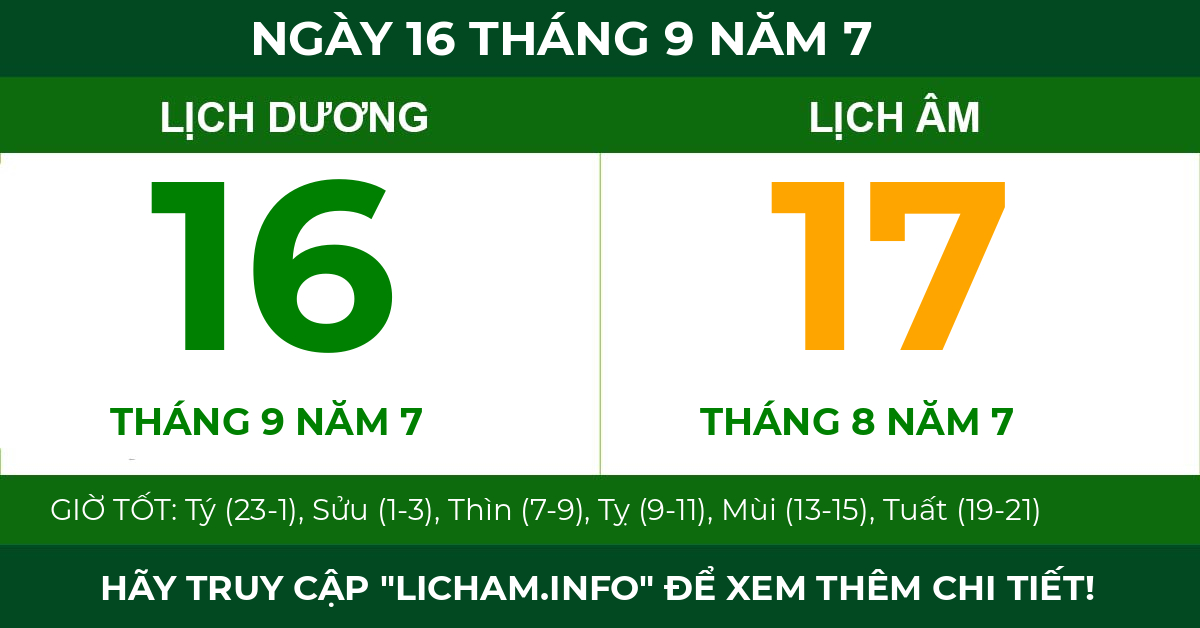 lịch âm ngày 16 tháng 9 năm 7