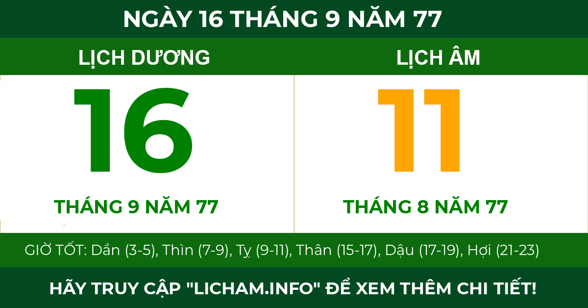 lịch âm ngày 16 tháng 9 năm 77