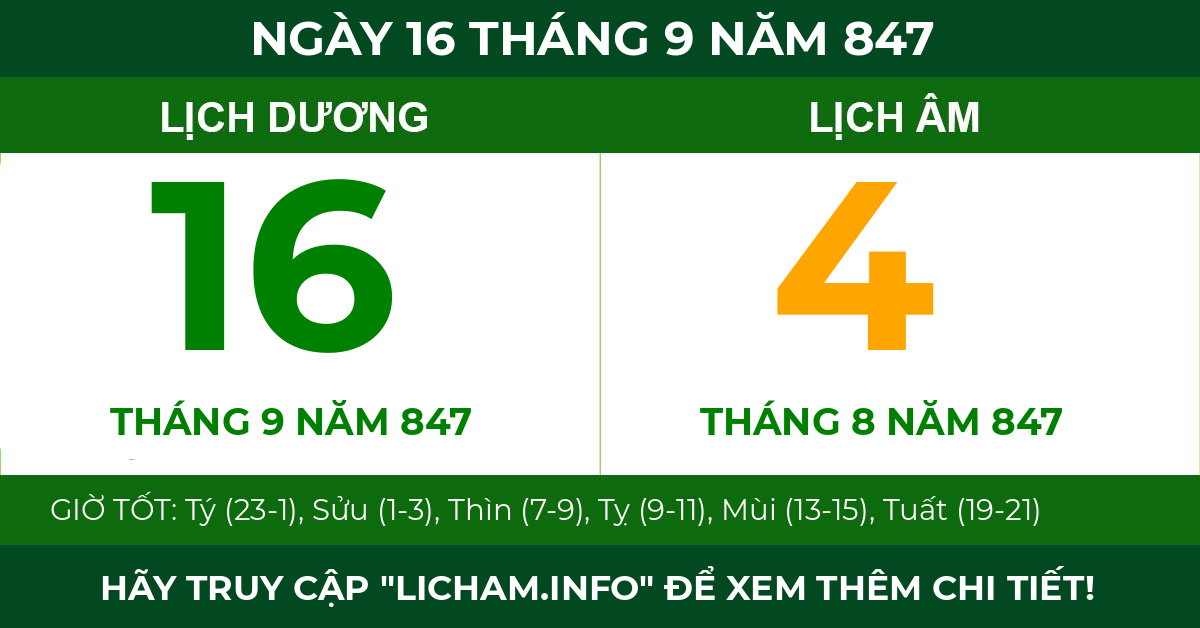 lịch âm ngày 16 tháng 9 năm 847
