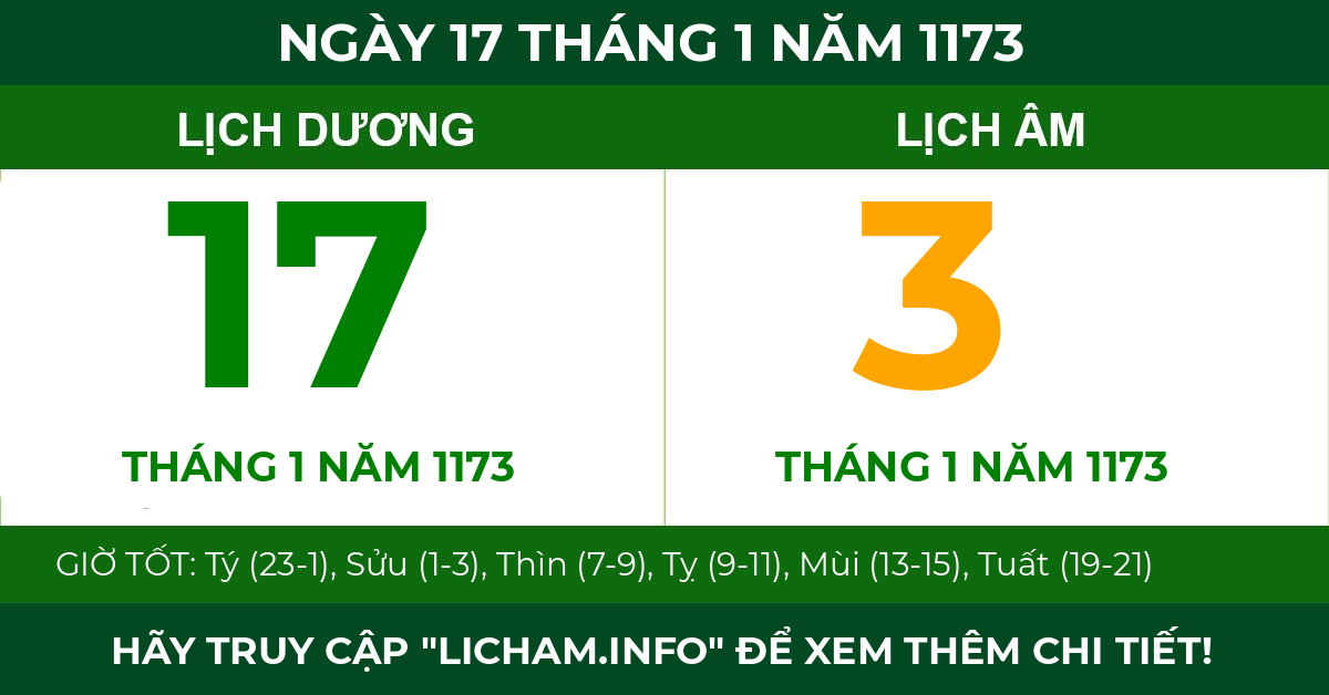 lịch âm ngày 17 tháng 1 năm 1173