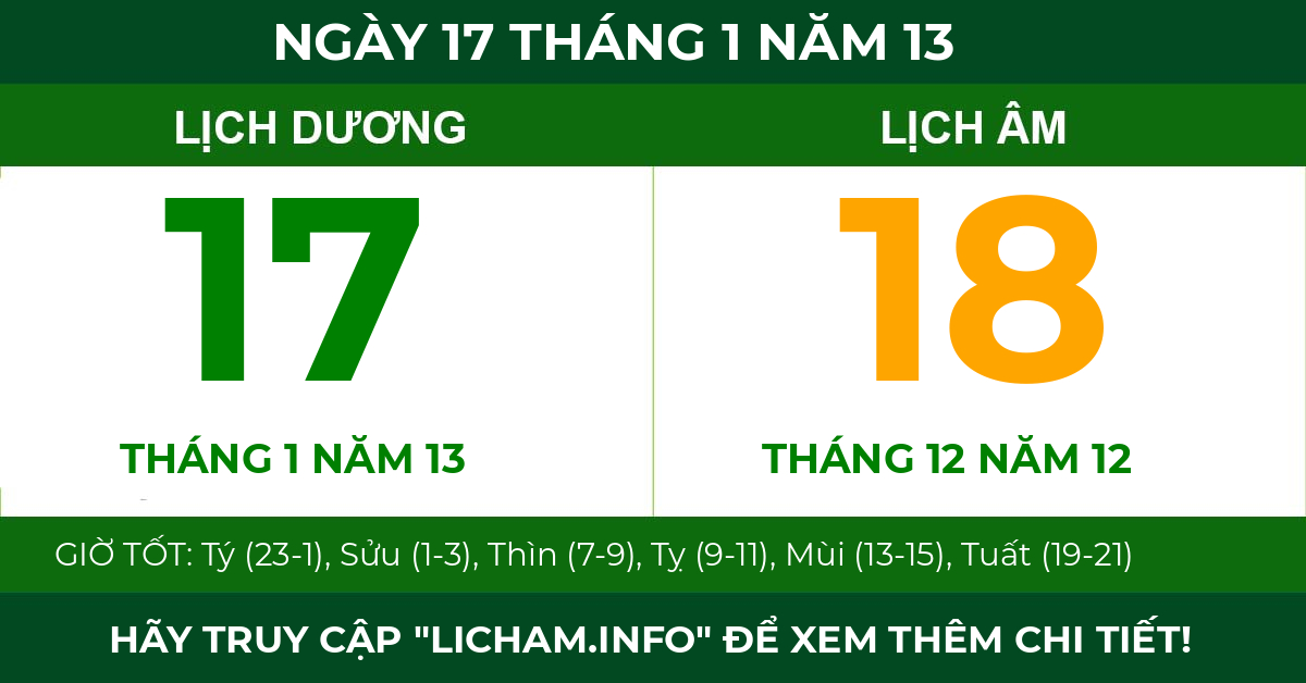 lịch âm ngày 17 tháng 1 năm 13
