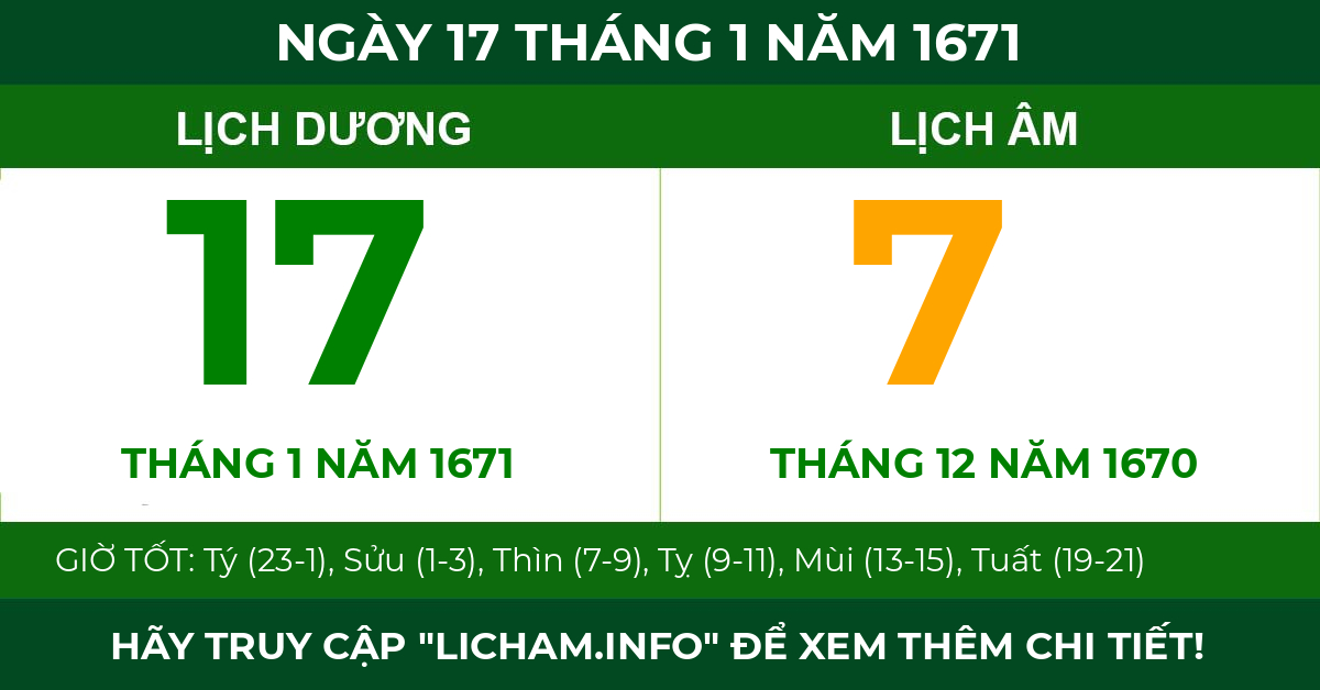 lịch âm ngày 17 tháng 1 năm 1671