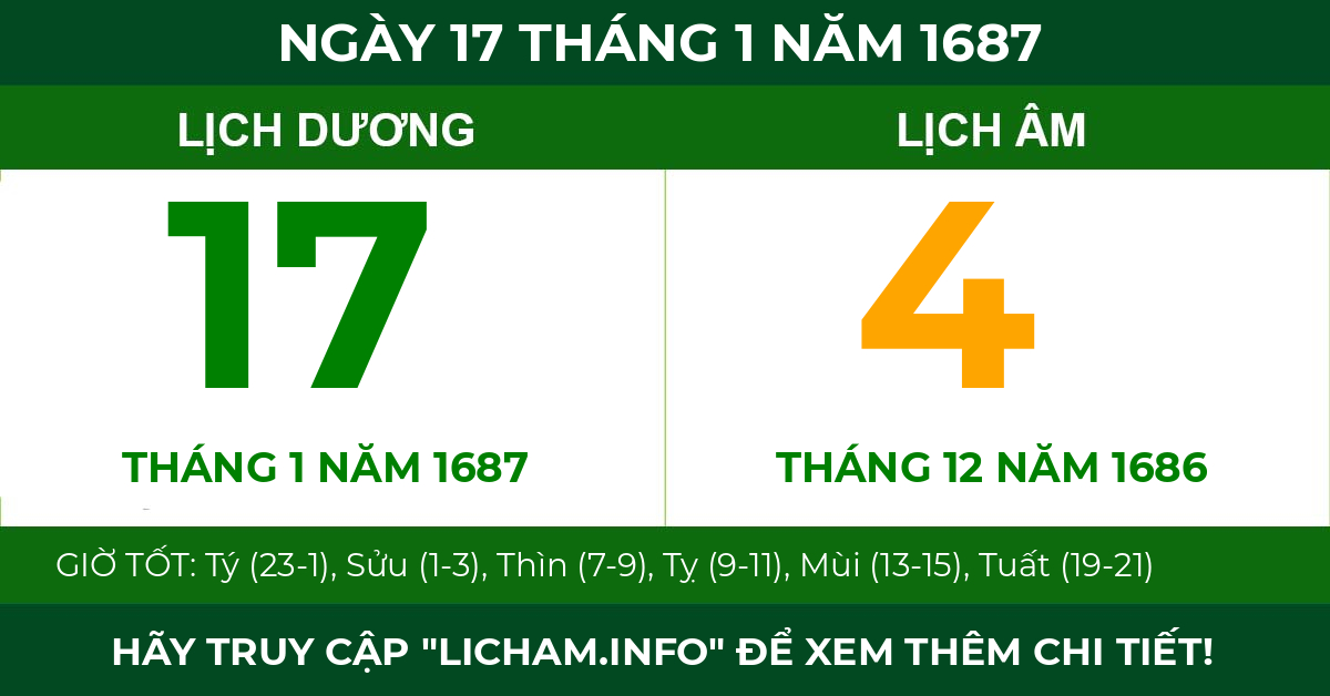 lịch âm ngày 17 tháng 1 năm 1687