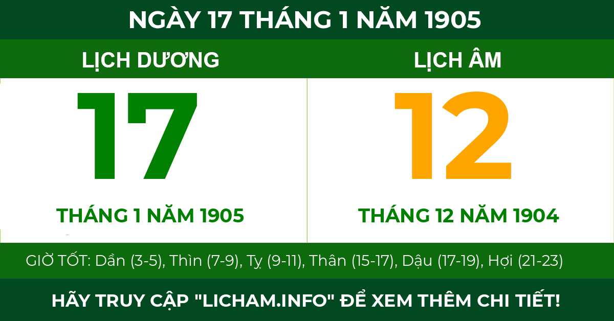 lịch âm ngày 17 tháng 1 năm 1905