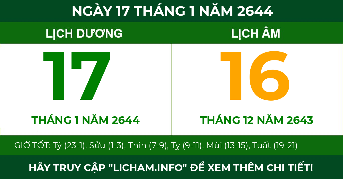 lịch âm ngày 17 tháng 1 năm 2644