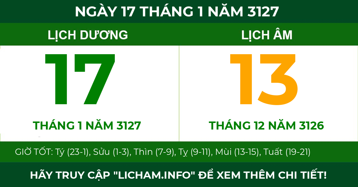 lịch âm ngày 17 tháng 1 năm 3127
