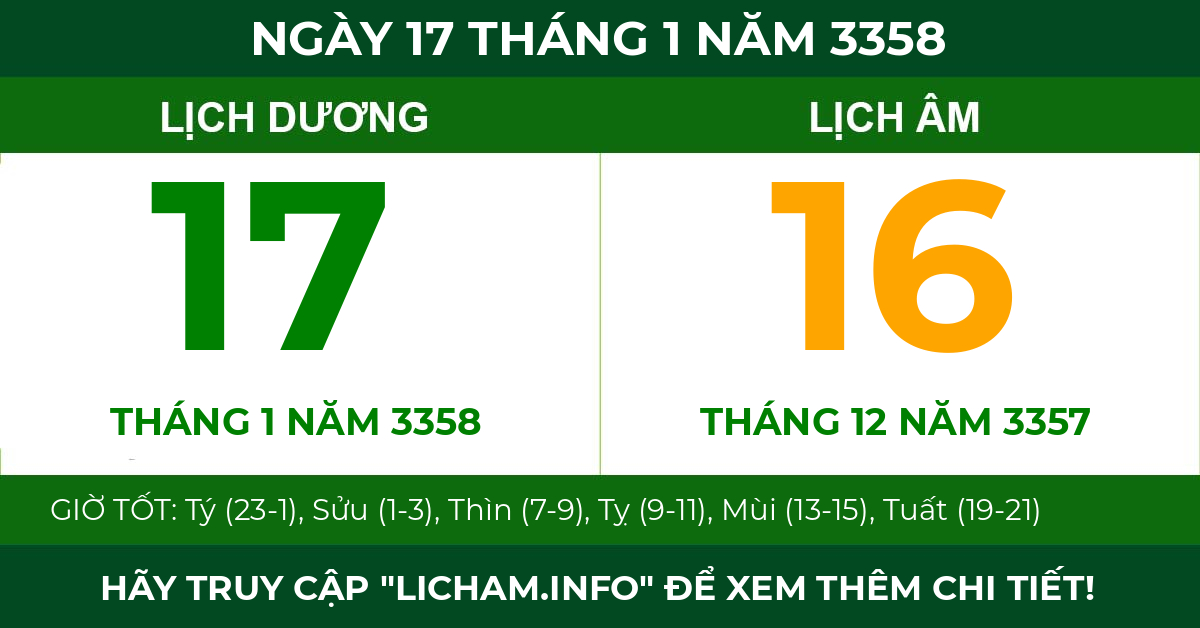 lịch âm ngày 17 tháng 1 năm 3358