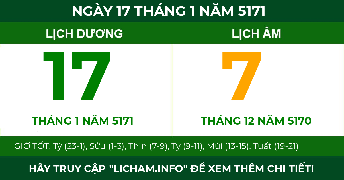 lịch âm ngày 17 tháng 1 năm 5171