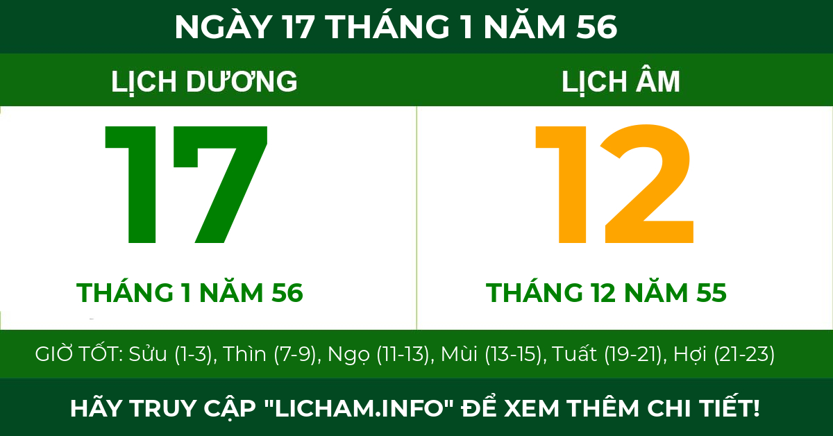 lịch âm ngày 17 tháng 1 năm 56