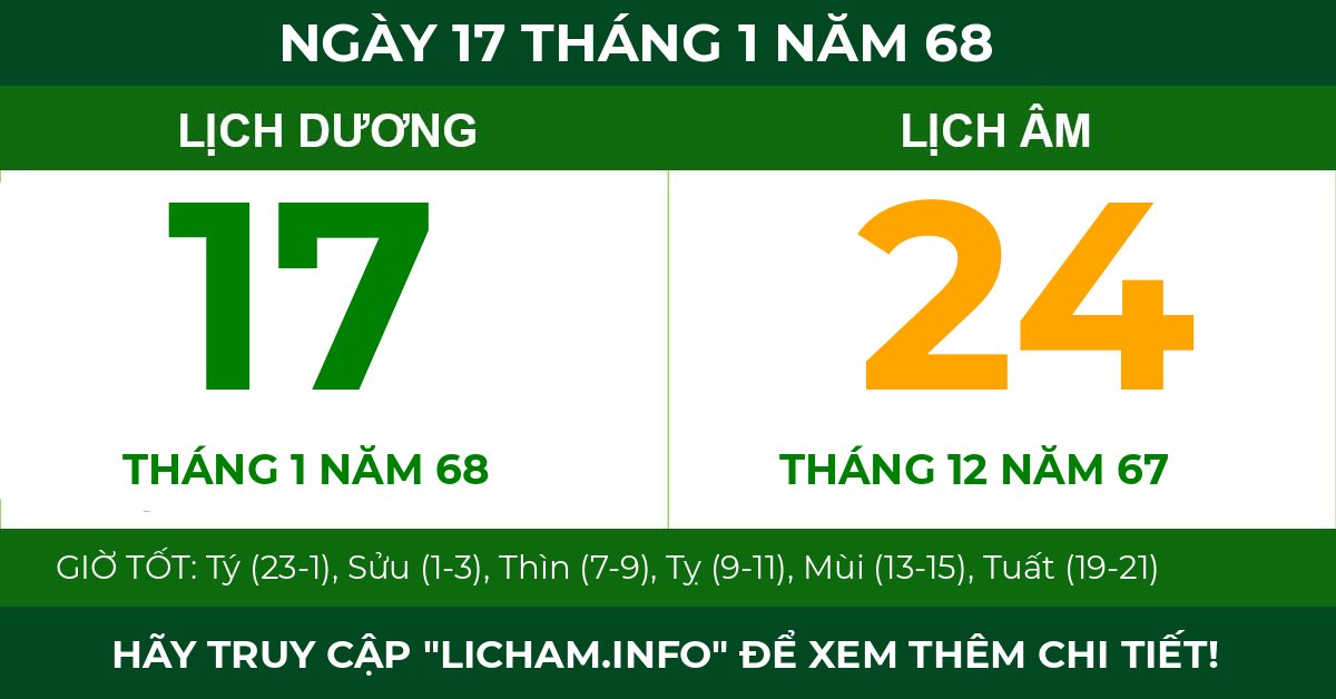 lịch âm ngày 17 tháng 1 năm 68