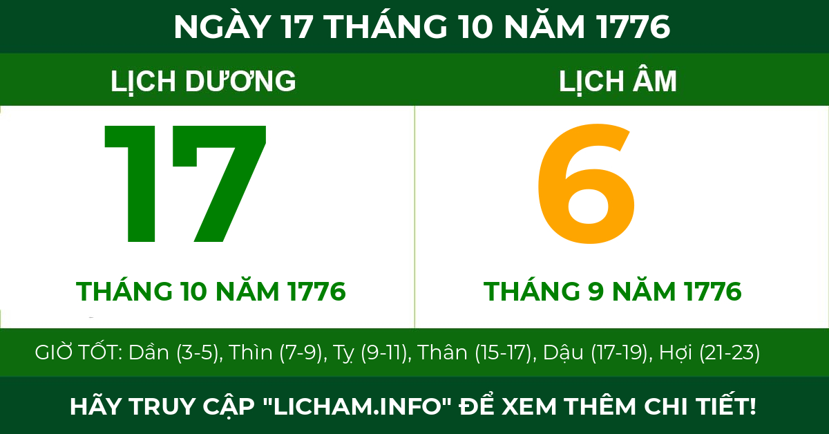 lịch âm ngày 17 tháng 10 năm 1776