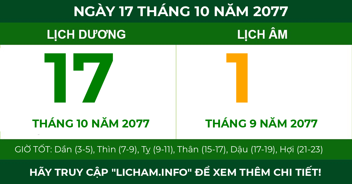 lịch âm ngày 17 tháng 10 năm 2077
