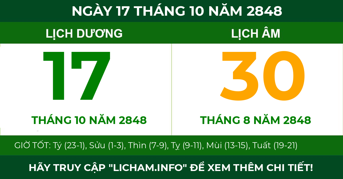 lịch âm ngày 17 tháng 10 năm 2848