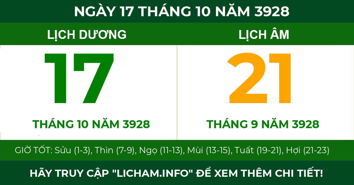 lịch âm ngày 17 tháng 10 năm 3928