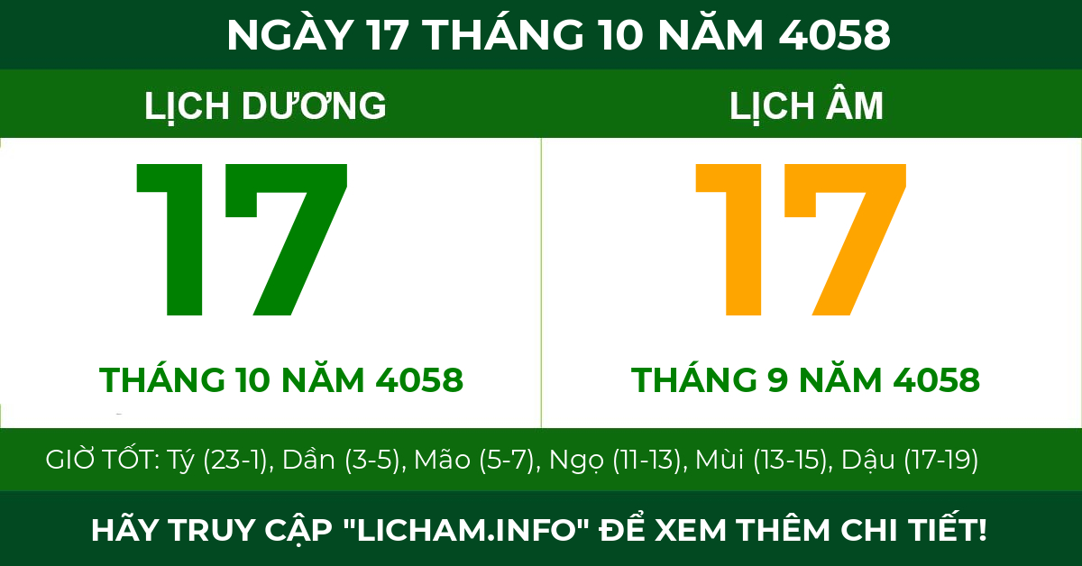lịch âm ngày 17 tháng 10 năm 4058
