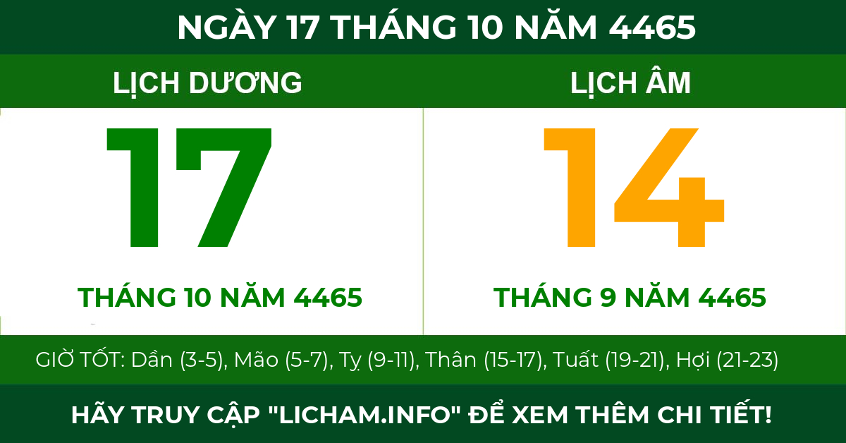 lịch âm ngày 17 tháng 10 năm 4465