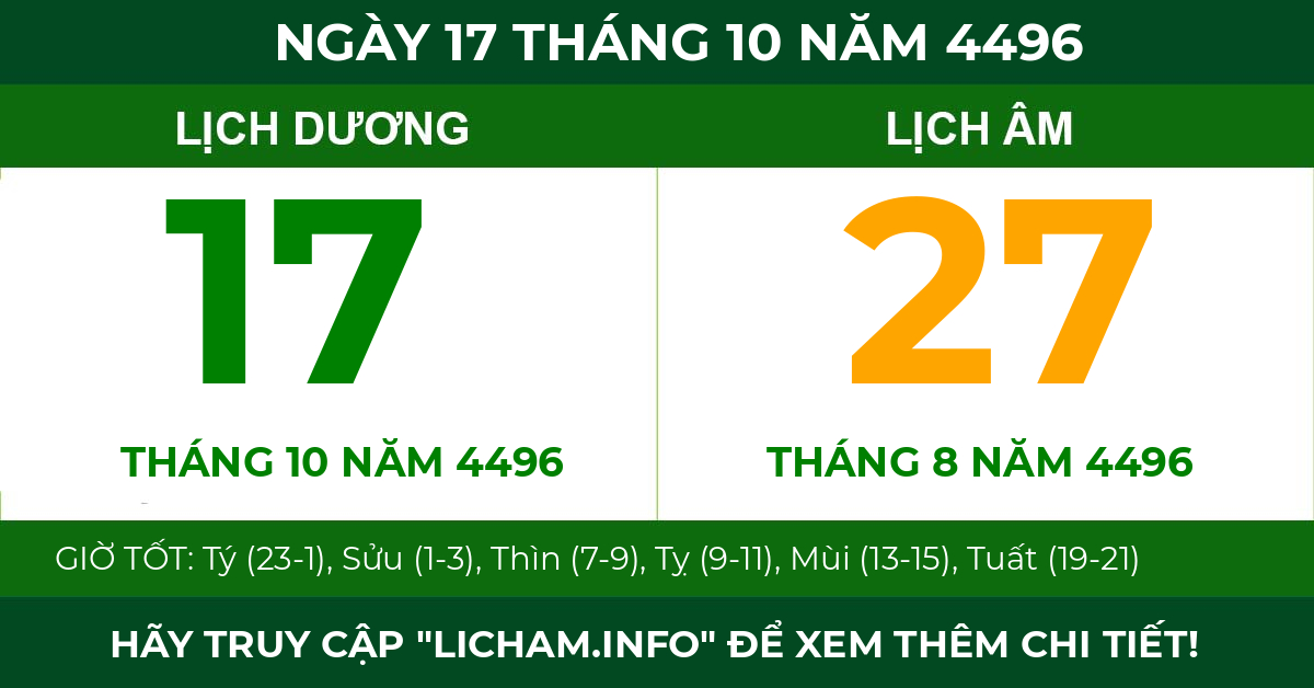 lịch âm ngày 17 tháng 10 năm 4496