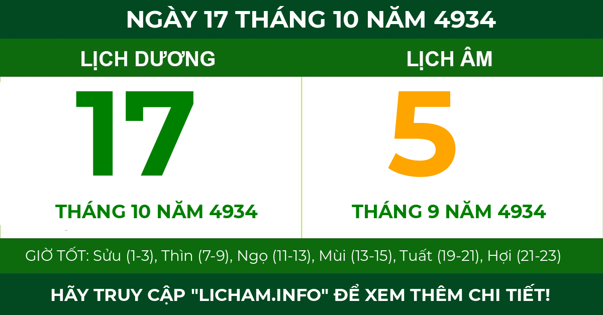 lịch âm ngày 17 tháng 10 năm 4934