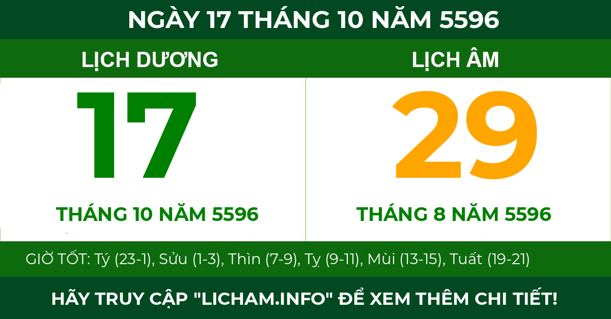lịch âm ngày 17 tháng 10 năm 5596