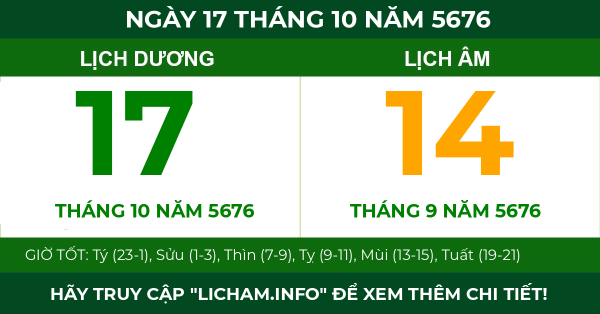 lịch âm ngày 17 tháng 10 năm 5676