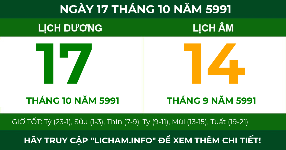 lịch âm ngày 17 tháng 10 năm 5991