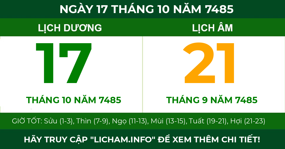 lịch âm ngày 17 tháng 10 năm 7485