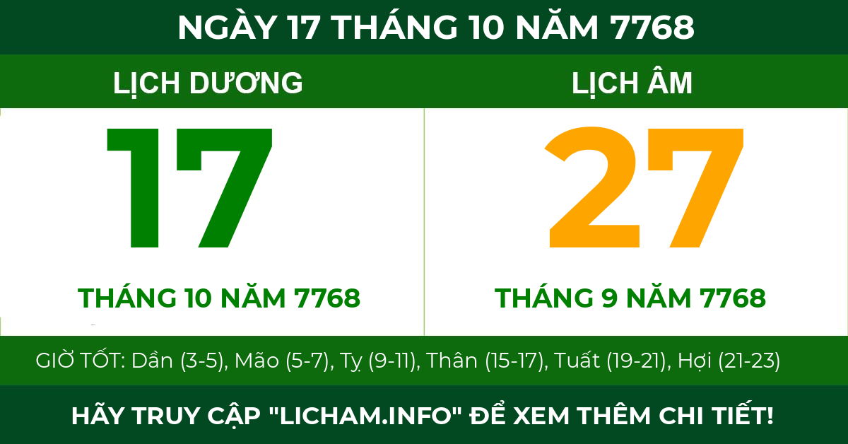 lịch âm ngày 17 tháng 10 năm 7768