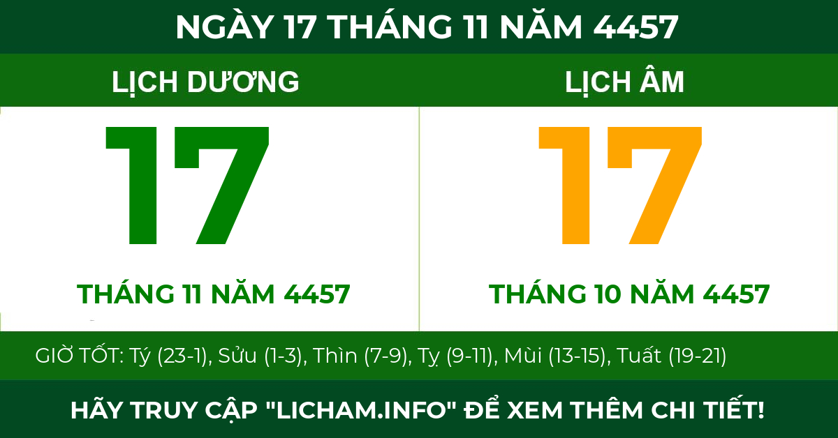 lịch âm ngày 17 tháng 11 năm 4457