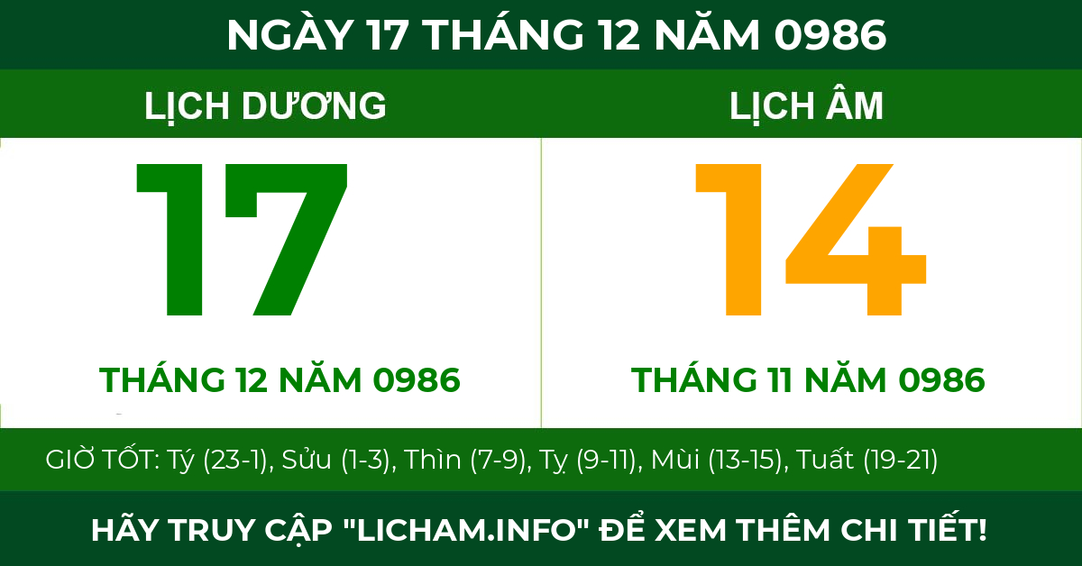 lịch âm ngày 17 tháng 12 năm 0986