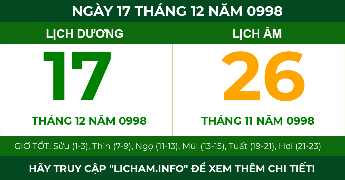 lịch âm ngày 17 tháng 12 năm 0998