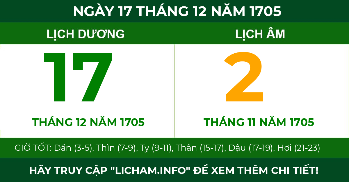 lịch âm ngày 17 tháng 12 năm 1705