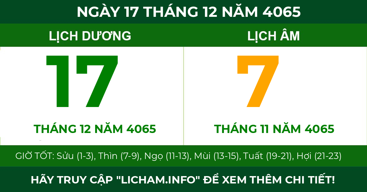 lịch âm ngày 17 tháng 12 năm 4065