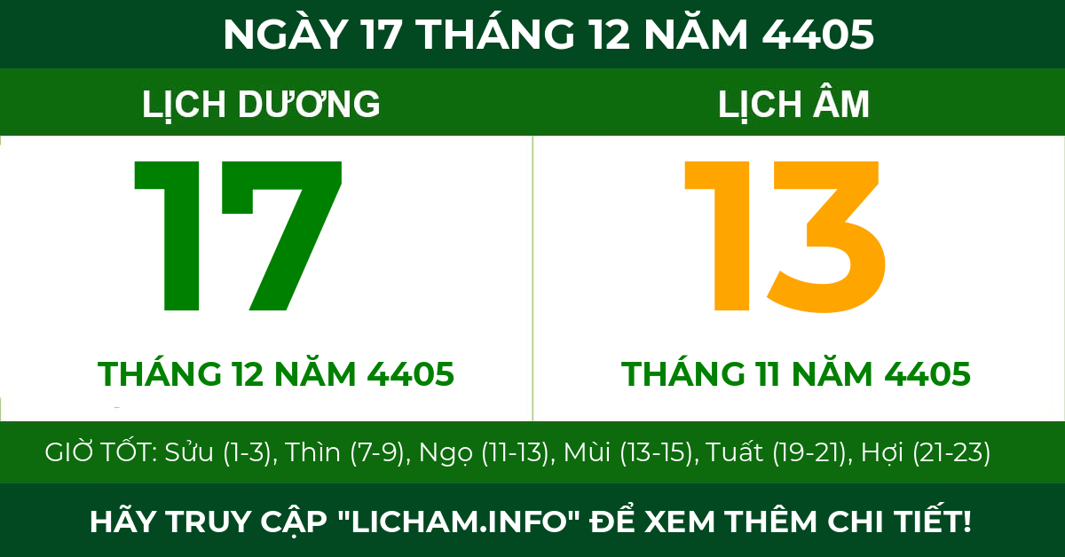 lịch âm ngày 17 tháng 12 năm 4405