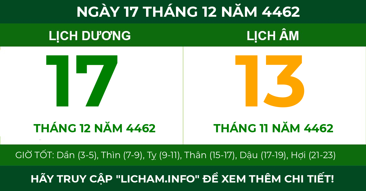 lịch âm ngày 17 tháng 12 năm 4462