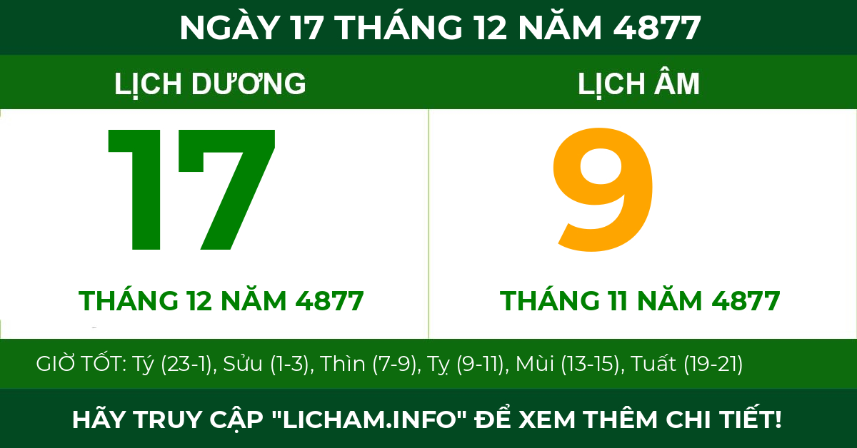 lịch âm ngày 17 tháng 12 năm 4877