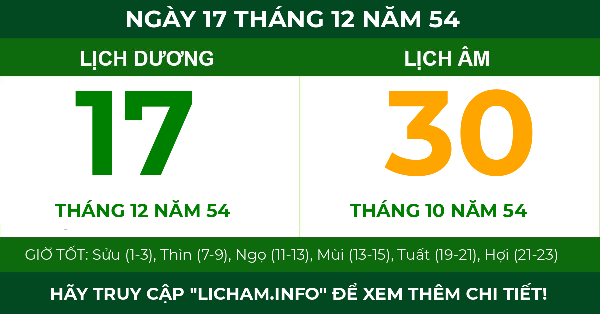 lịch âm ngày 17 tháng 12 năm 54