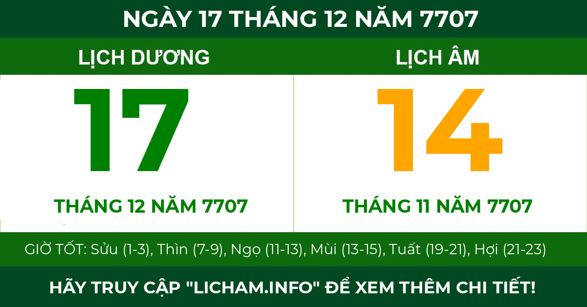 lịch âm ngày 17 tháng 12 năm 7707
