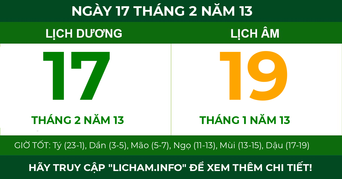 lịch âm ngày 17 tháng 2 năm 13