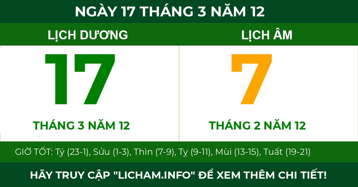 lịch âm ngày 17 tháng 3 năm 12