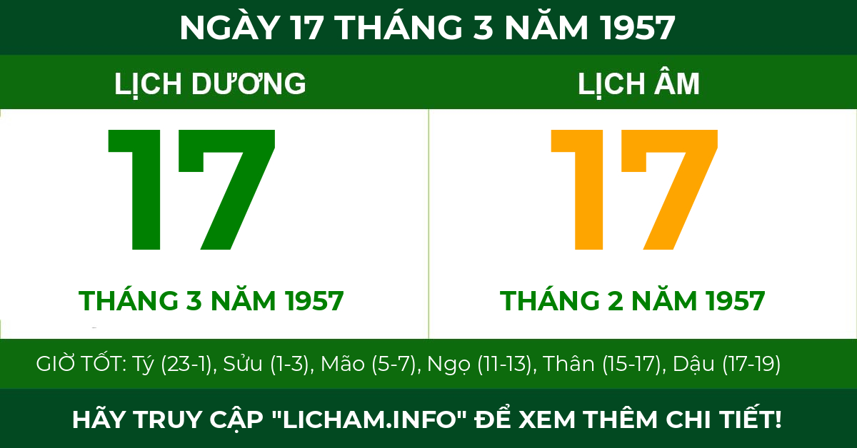 lịch âm ngày 17 tháng 3 năm 1957