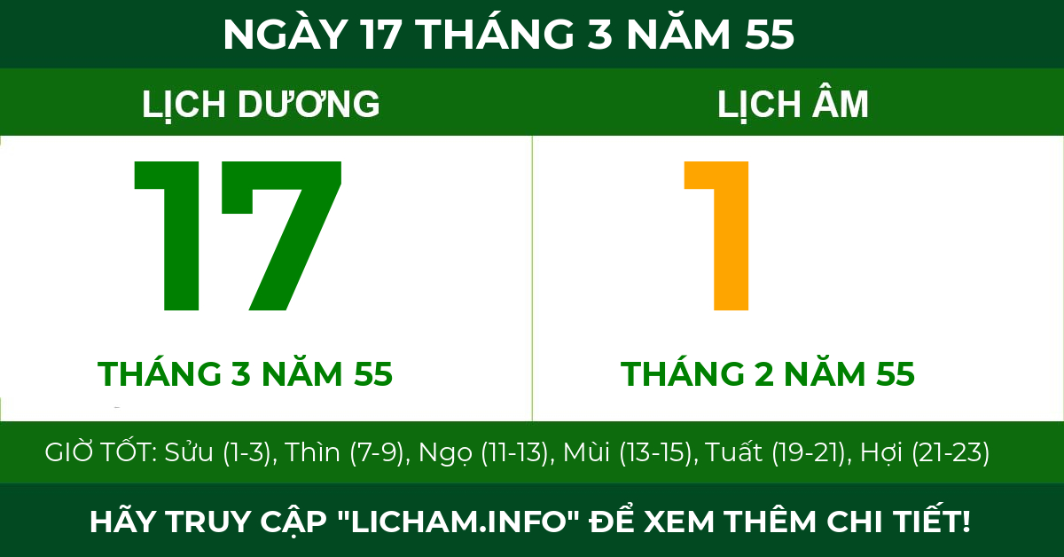 lịch âm ngày 17 tháng 3 năm 55