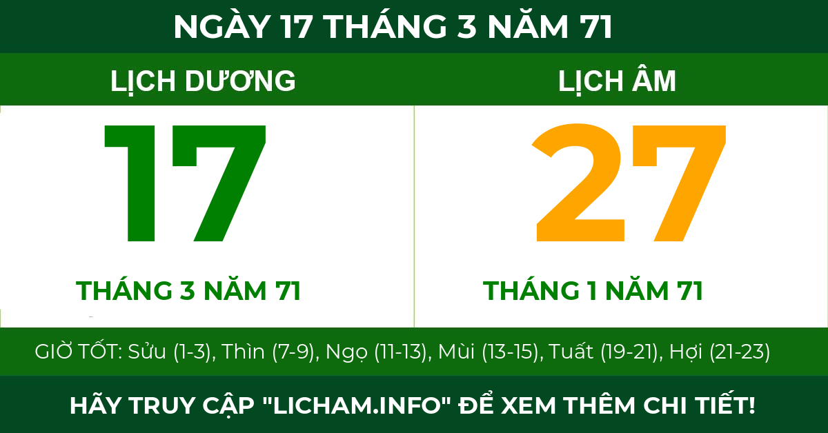 lịch âm ngày 17 tháng 3 năm 71