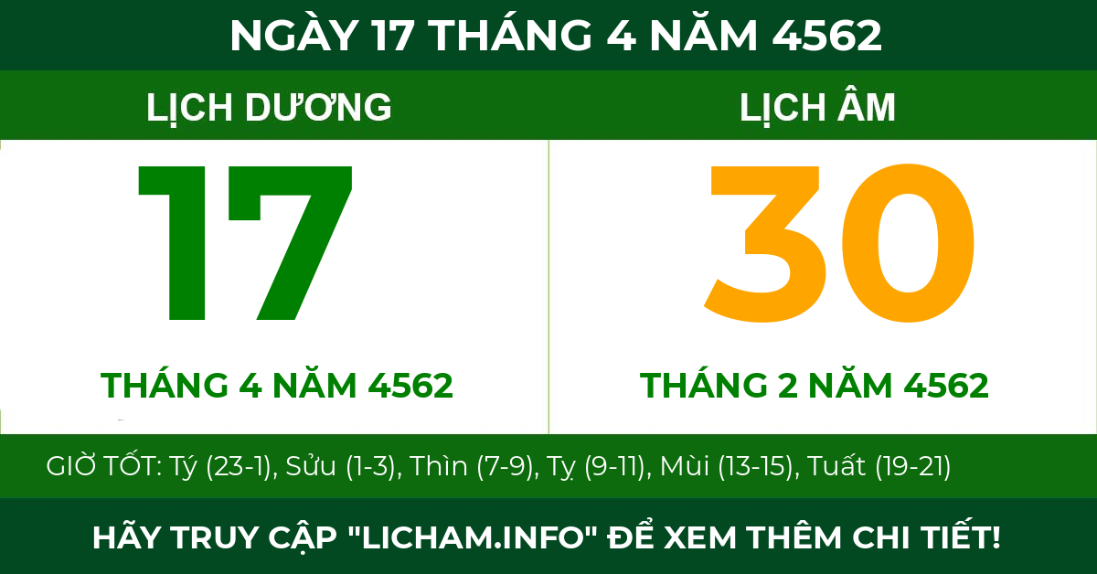 lịch âm ngày 17 tháng 4 năm 4562