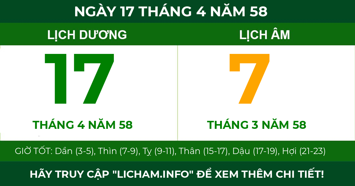 lịch âm ngày 17 tháng 4 năm 58