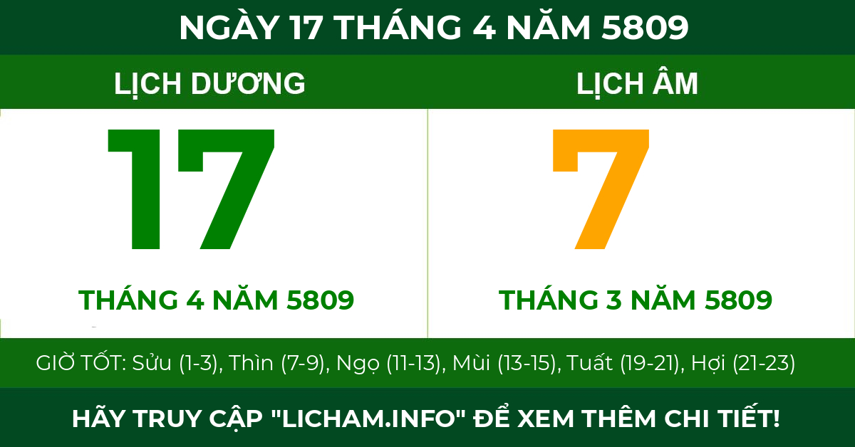 lịch âm ngày 17 tháng 4 năm 5809