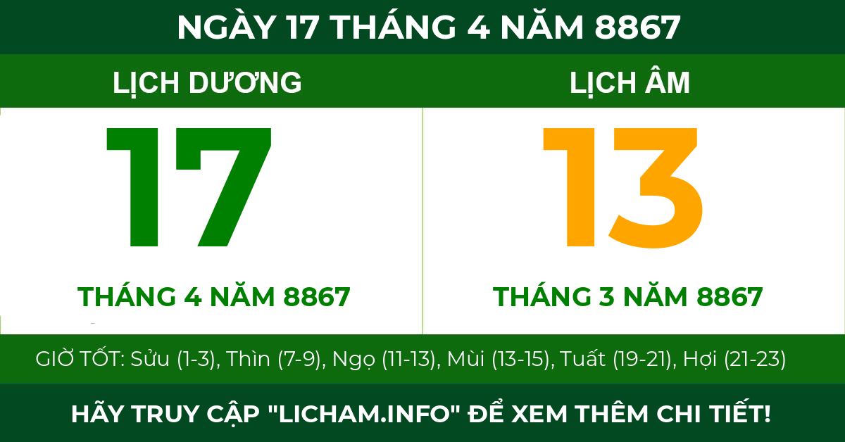 lịch âm ngày 17 tháng 4 năm 8867
