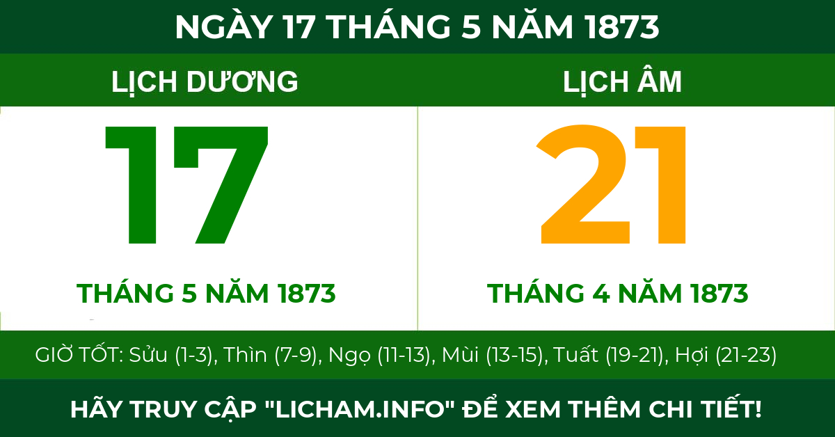 lịch âm ngày 17 tháng 5 năm 1873