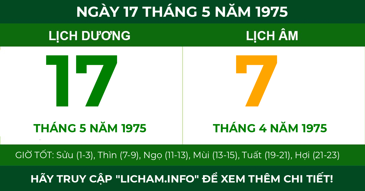 lịch âm ngày 17 tháng 5 năm 1975